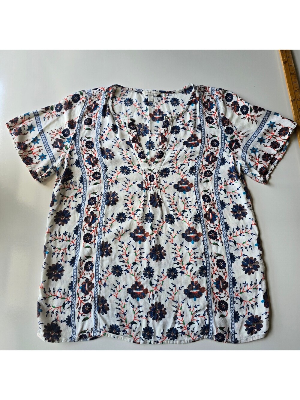 Lucky Brand Floral Split V-Neck Boho Peasant Top Blouse Small White Blue